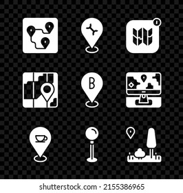 Establecer ubicación de la ruta, servicio de coches, Infografía del mapa de la ciudad, Ubicación con taza de café, pin Push, navegación de la ciudad e icono. Vector