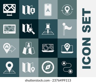 Set Route location, City map navigation, Flag, Search, Gps device with, Monitor and Folded marker icon. Vector