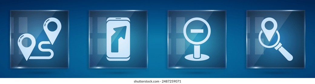Set Route location, City map navigation, Stop sign and Search location. Square glass panels. Vector
