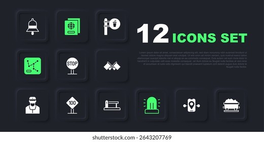 Set Route location, Coal train wagon, Stop sign, Flasher siren, Railway map, Speed limit traffic 100 km, Passport and barrier icon. Vector