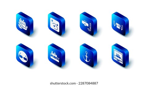 Set Route location, Diving mask and snorkel, Poker table, Cruise ship, Anchor, Glasses and  icon. Vector
