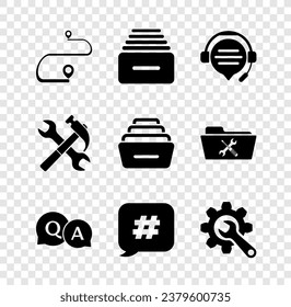 Set Route location, Drawer with documents, Headphones speech bubble chat, Question and Answer, Hashtag, Wrench gear, Crossed hammer wrench and  icon. Vector