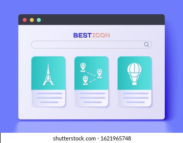 Set Route location, Eiffel tower and Hot air balloon icon. Vector