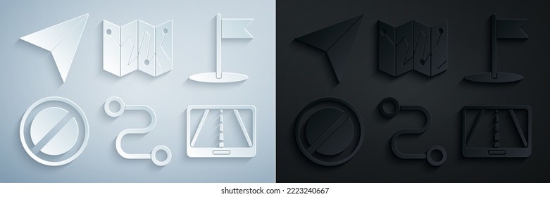 Set Route location, Flag, Stop sign, Infographic of city map navigation, Folded with marker and Paper airplane icon. Vector