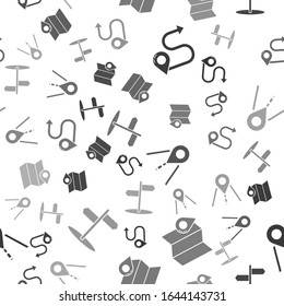 Set Route location, Folded map with location marker, Road traffic sign and Road traffic sign on seamless pattern. Vector