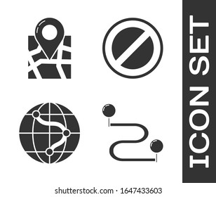 Establecer ubicación de ruta, mapa plegado con marcador de ubicación, ubicación en el globo y icono de signo de detención. Vector
