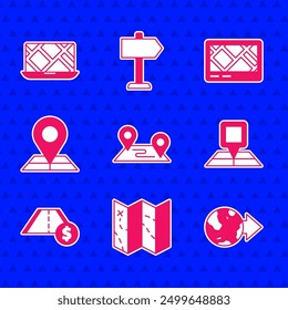 Set Route location, Folded map, Location the globe, with marker, Toll road traffic, Gps device and City navigation icon. Vector