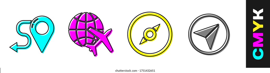 Set Route location, Globe with flying plane, Compass and Infographic of city map navigation icon. Vector