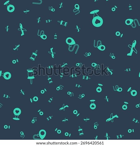Set Route location, Location with heart, Push pin and Plane on seamless pattern. Vector
