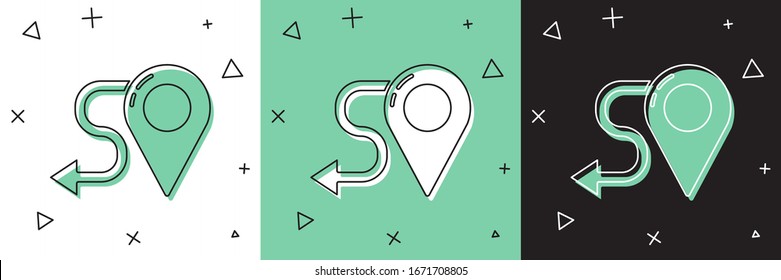 Establecer icono de ubicación de ruta aislado en fondo blanco y verde y negro. Asignar signo de puntero. Concepto de camino o camino. Navegador GPS.  Ilustración vectorial