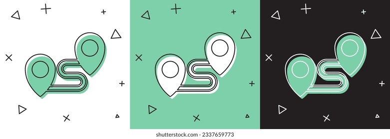 Set Route Location Symbol einzeln auf weißem und grünem, schwarzem Hintergrund. Kartenzeigerzeichen. Konzept des Weges oder der Straße. GPS-Navigator.  Vektorgrafik