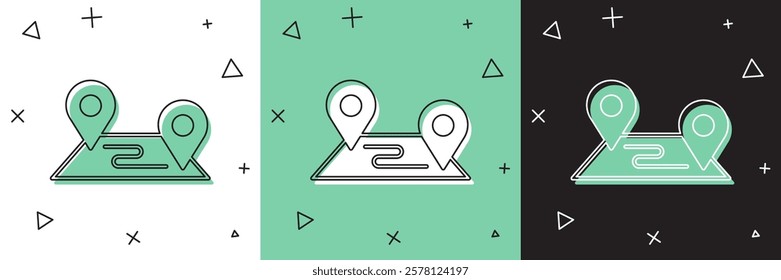 Set Route location icon isolated on white and green, black background. Map pointer sign. Concept of path or road. GPS navigator.  Vector