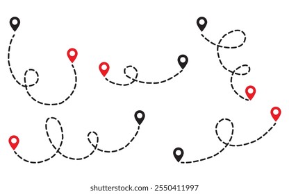 conjunto de ícone de localização de Rota sinal de dois pinos e linha pontilhada. ícone de distância do caminho do mapa, pontopontinho, pesquisa do mapa, rota, ícone de Rota, dois pontos com caminho pontilhado e pino de localização.