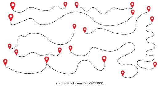 set of Route location icon two pin sign and dotted line. map path distance icon, pinpoint, map search, route, Route icon, two points with dotted path and location pin. Route icon vector illustration.