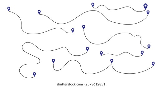 set of Route location icon two pin sign and dotted line. map path distance icon, pinpoint, map search, route, Route icon, two points with dotted path and location pin.