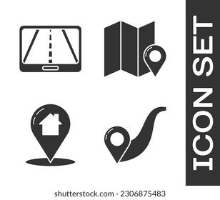 Set Route location, Infographic of city map navigation, Map pointer with house and Folded map with location marker icon. Vector