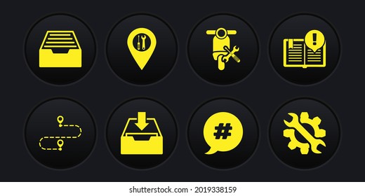 Set Route location, Interesting facts, Download inbox, Hashtag speech bubble, Scooter service, Location, Wrench and gear and Drawer with documents icon. Vector