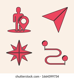 Set Route location, Map marker with a silhouette of a person, Paper airplane and Wind rose icon. Vector
