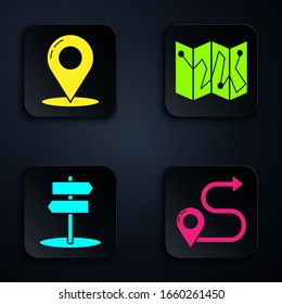 Set Route location, Map pin, Road traffic sign and Folded map with location marker. Black square button. Vector