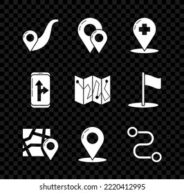 Establecer ubicación de ruta, alfiler de mapa, puntero de mapa médico con hospital cruzado, marcador plegado, Infografía de navegación de ciudad e icono. Vector