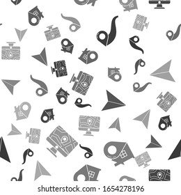 Set Route location, Map pointer with house, Paper airplane and Monitor and folded map with location on seamless pattern. Vector