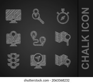 Set Route location, Monitor with marker, Folded map, Search, Traffic light, Compass and  icon. Vector