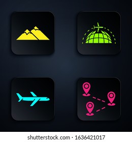 Set Route location, Mountains, Plane and Globe with flying plane. Black square button. Vector