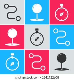 Set Route location, Push pin and Compass icon. Vector