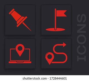 Set Route location, Push pin, Flag and Laptop with location marker icon. Vector