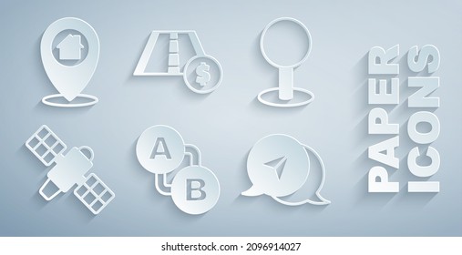 Set Route location, Push pin, Satellite, Infographic of city map navigation, Toll road traffic sign and Location with house icon. Vector