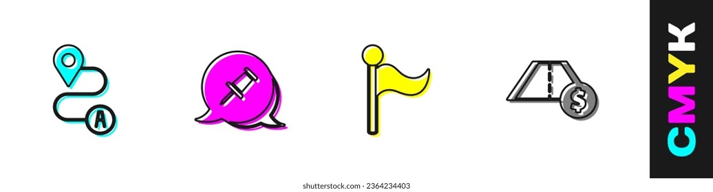 Set Route location, Push pin, Flag and Toll road traffic icon. Vector