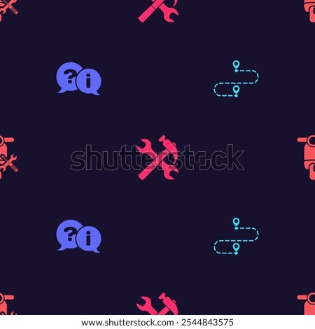 Set Route location, Question and Exclamation, Crossed hammer wrench and Scooter service on seamless pattern. Vector