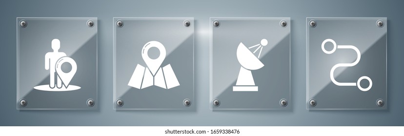 Establecer ubicación de ruta, Radar, mapa doblado con marcador de ubicación y marcador de mapa con una silueta de una persona. Paneles de vidrio cuadrado. Vector