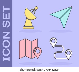 Set Route location, Radar, Folded map with location marker and Paper airplane icon. Vector