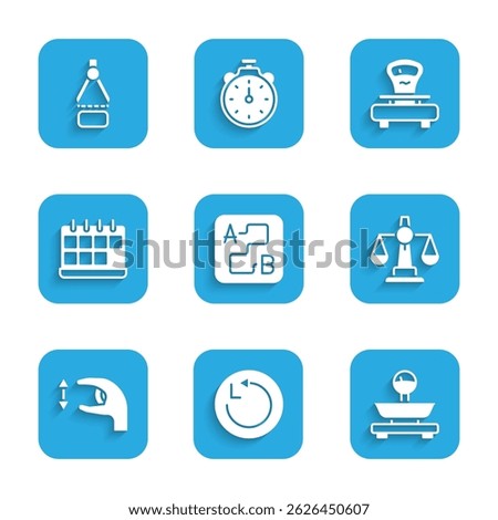 Set Route location, Radius, Scales, of justice, Approximate measurements, Calendar,  and Drawing compass icon. Vector