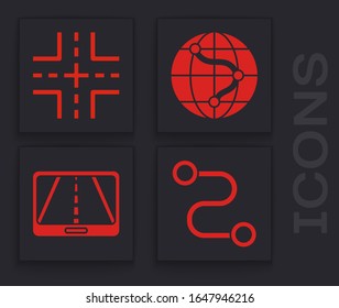 Set Route location, Road traffic sign, Location on the globe and Infographic of city map navigation icon. Vector