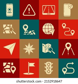 Set Route location, Road traffic sign, Infographic of city map navigation, Folded with marker,  and Location the globe icon. Vector
