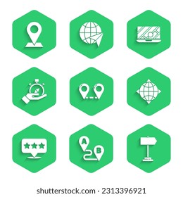Set Route location, Road traffic sign, World globe with compass, Map pointer star, Compass, City map navigation and Location icon. Vector