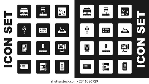 Set Route location, Road traffic signpost, Train light, Coal train wagon, Plate with food, conductor, Ticket office buy tickets and Information stand icon. Vector