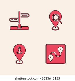 Set Route location, Road traffic sign, Search and Location with anchor icon. Vector