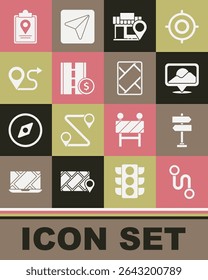 Set Route location, Road traffic sign, Location, with store, Toll road, Folded map marker and Gps device icon. Vector
