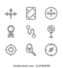 Set Route location, Search, Compass, Stop sign, Target sport, Location, Road traffic and  icon. Vector