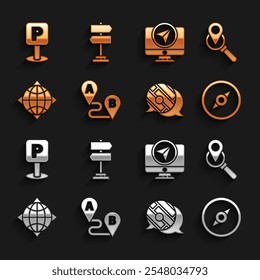 Set Route location, Search, Compass, Infographic of city map navigation, World globe with compass, Monitor marker, Parking and Road traffic sign icon. Vector