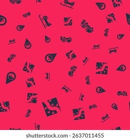 Set Route location, Sled, Location with mountain and Ice resurfacer on seamless pattern. Vector