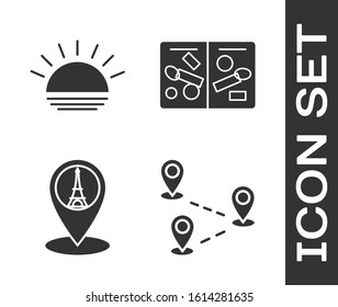 Set Route location, Sunset, Map pointer with Eiffel tower and Passport pages with visa stamps icon. Vector