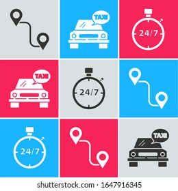 Set Route location, Taxi car and Stopwatch 24 hours icon. Vector