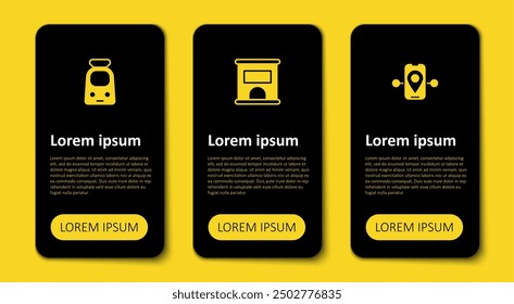 Set Route location, Ticket office to buy tickets and Train and railway. Business infographic template. Vector