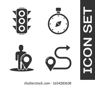 Set Route location, Traffic light, Map marker with a silhouette of a person and Compass icon. Vector