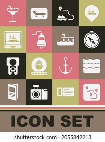 Set Route location, Wave, Compass, Ship line path, bell, Cruise ship, Cocktail and Beach pier dock icon. Vector