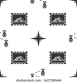 Set Route location, Wind rose and Postal stamp and Egypt pyramids on seamless pattern. Vector